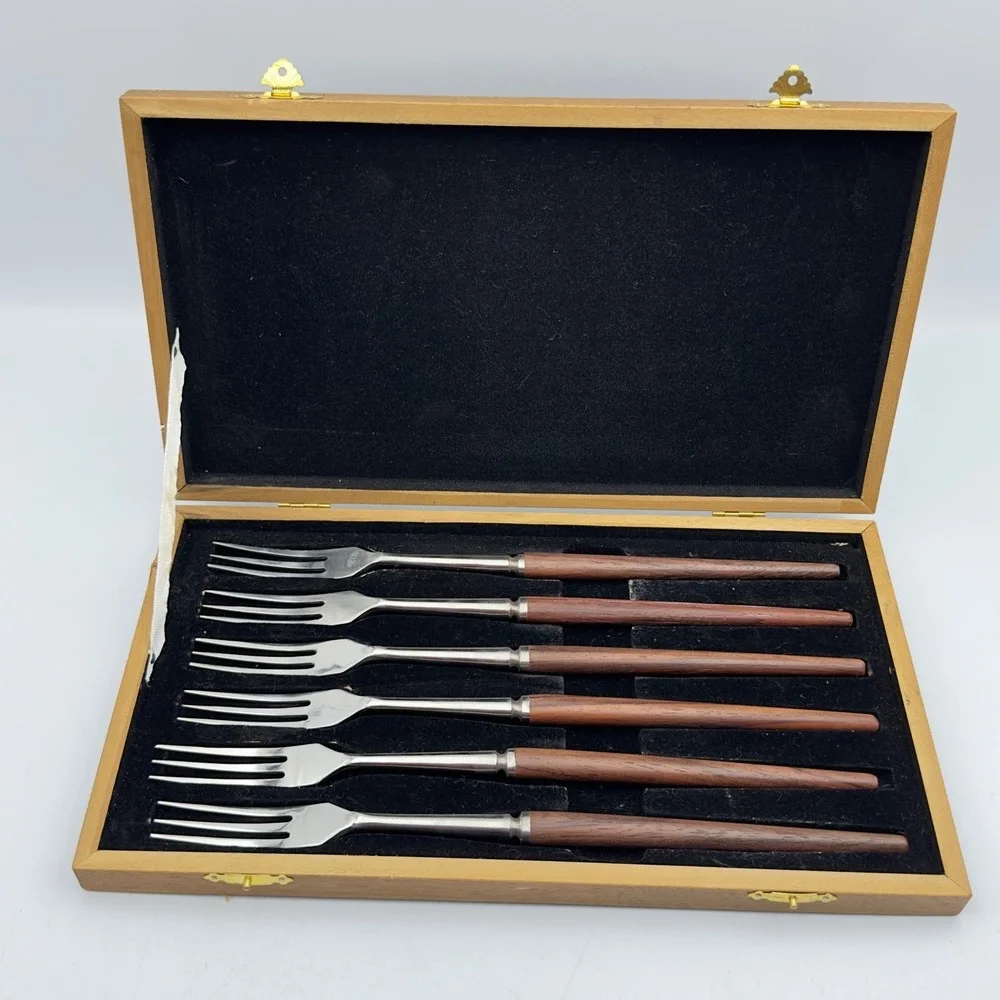 Vintage MCM Stainless Steel Wood Handle Dessert Fork Set of 6 Japan with Box‎
